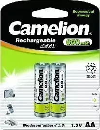Фото №2 Батарейки CAMELION (1657) AA- 600MAH NI-CD BL-2 (NC-AA600BP2, аккумулятор,1.2В)