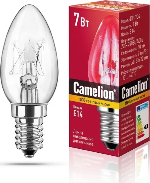 Фото №2 Лампа CAMELION DP-704 (Зап. накаливания для ночников, прозрачная, BL-4, 220V, 7W, Е14)