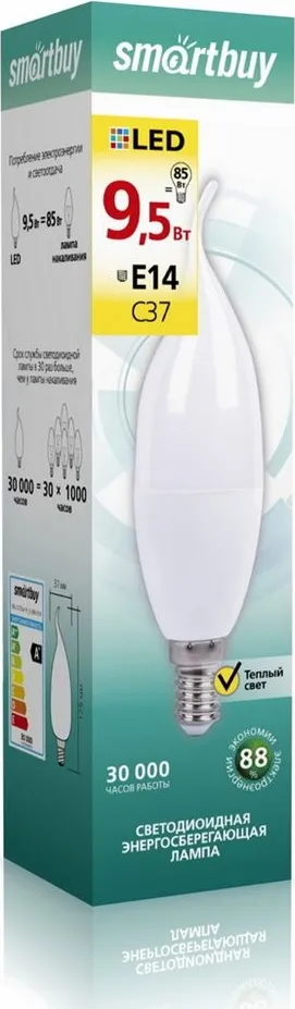 Фото №2 Лампа SMARTBUY (SBL-C37Can-9_5-30K-E14) свеча на ветру C37-9,5W/3000/E14