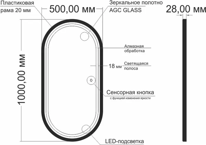Фото №2 Зеркало Mixline Виола-лофт 50х100 подсветка, сенсор (550409)
