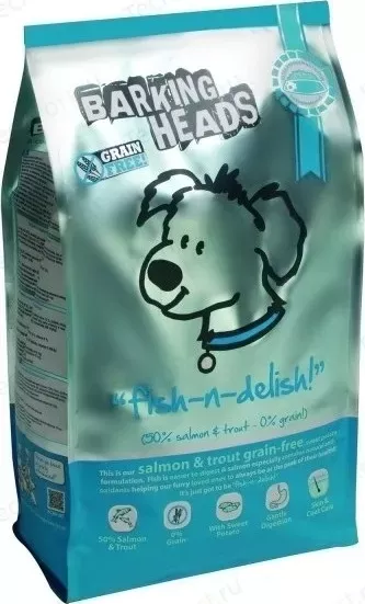 Фото №2 Сухой корм BARKING HEADS Adult Dog Fish-n-Delish Grain Free Salmon Trout беззерновой с лососем, форелью и бататом для собак 12кг (0919/18160): характе
