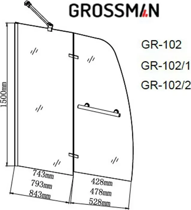 Фото №2 Шторка для ванны GROSSMAN 100x150 алюминиевый профиль, стекло прозрачное (GR-102/1)