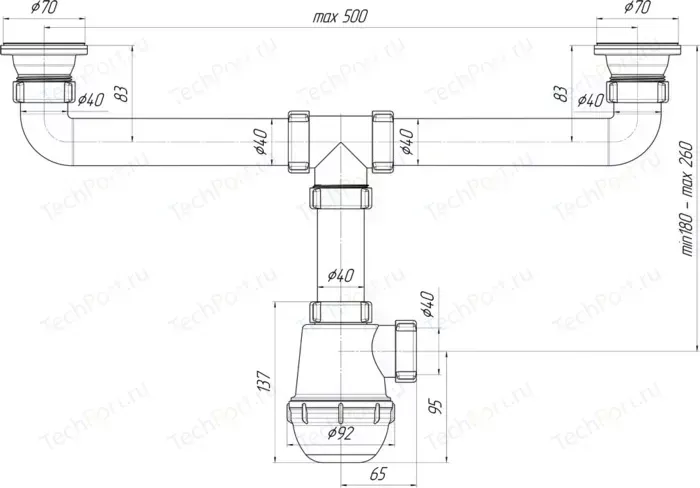 Сифон для кухонной мойки АНИ пласт Грот двойной, с решетками D70 (A3000)